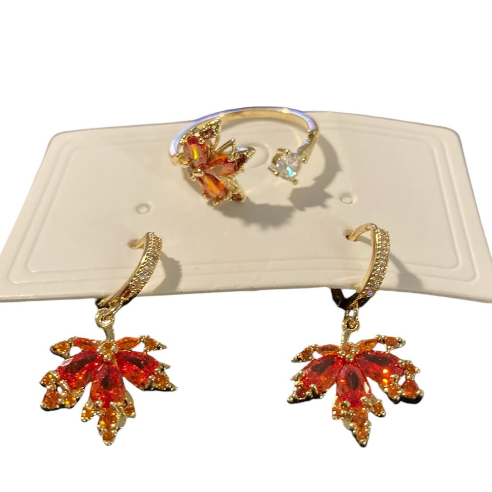 Falling leaves orange cubic zirconium and gold jewelry set